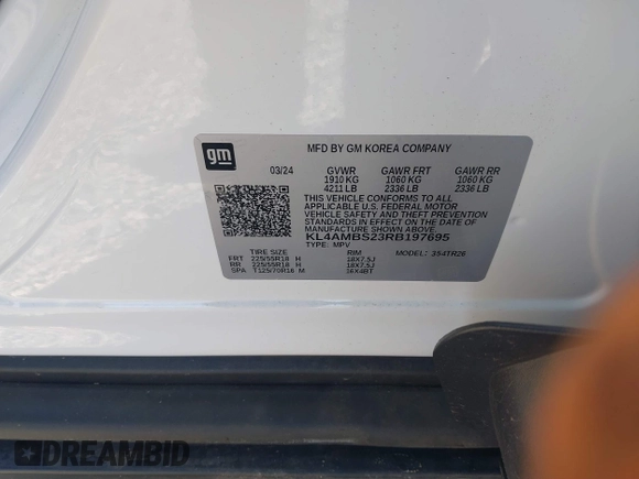 2024 Buick Encore GX Preferred с VIN KL4AMBS23RB197695, выставлен на аукционе IAAI как лот 41274044 с пробегом 1 451 миль миль и . История ставок и продаж доступна на DreamBid. Изображение 9.