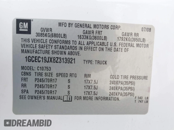 2008 Chevrolet Silverado 1500 1LT with VIN 1GCEC19JX8Z313921, listed as a IAAI auction lot 41902153 with 180,265 mi miles and . Bid and sale history available at DreamBid. Image 9.