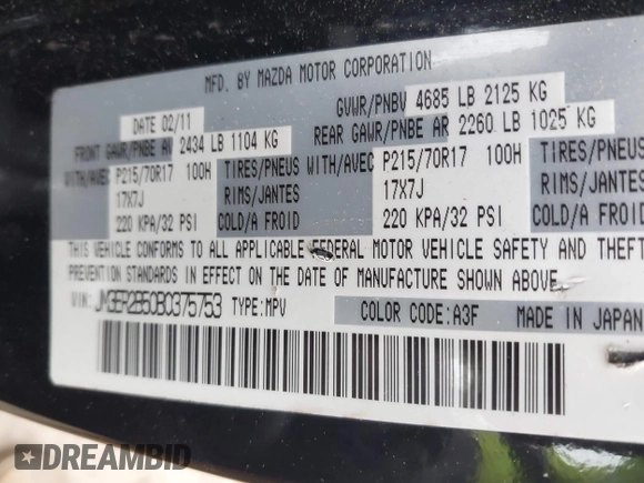 2011 Mazda CX-7 i Sport with VIN JM3ER2B50B0375753, listed as a IAAI auction lot 42085736 with 199,481 mi miles and . Bid and sale history available at carsss.com. Image 9.