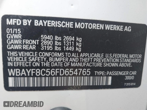 2015 BMW 7 Series 750Li xDrive with VIN WBAYF8C56FD654765, listed as a IAAI auction lot 40734550 with 133,848 mi miles and . Bid and sale history available at carsss.com. Image 9.