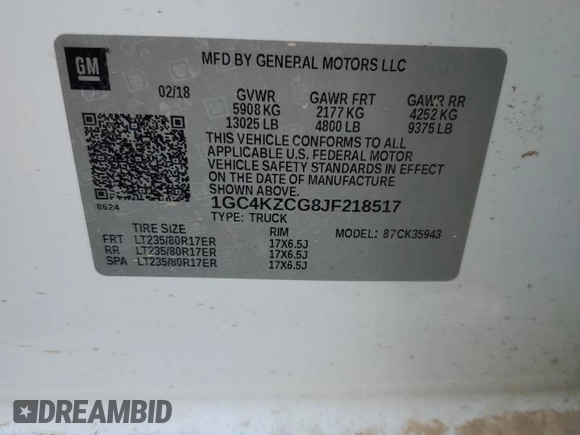2018 Chevrolet Silverado 3500HD Work Truck with VIN 1GC4KZCG8JF218517, listed as a Copart auction lot 74915614 with 148,040 mi miles and Salvage Title. Bid and sale history available at carsss.com. Image 12.