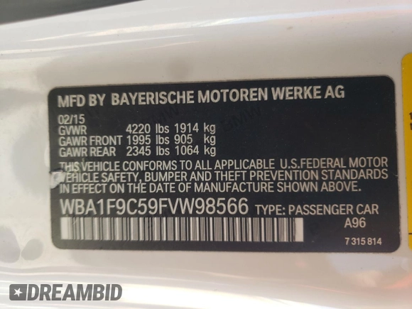 2015 BMW 2 Series 228i with VIN WBA1F9C59FVW98566, listed as a Copart auction lot 69021253 with 0 mi miles. Bid and sale history available at carsss.com. Image 14.