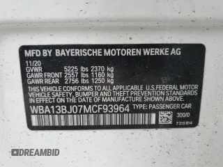 2021 BMW 5 Series 530i xDrive with VIN WBA13BJ07MCF93964, listed as a Copart auction lot 57125345 with 59,216 mi miles and Salvage title. Bid and sale history available at DreamBid. Image 12.