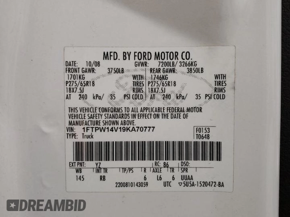 2009 Ford F-150 XL z VIN 1FTPW14V19KA70777, wystawiony jako Copart lot #44069505 z przebiegiem 225 490 mil mil oraz Czysty tytuł • Clean title. Historia ofert i sprzedaży dostępna na DreamBid. Obrazek 12.