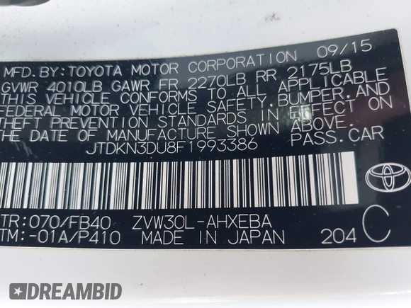 2015 Toyota Prius Four with VIN JTDKN3DU8F1993386, listed as a IAAI auction lot 42333733 with 168,754 mi miles and . Bid and sale history available at DreamBid. Image 9.
