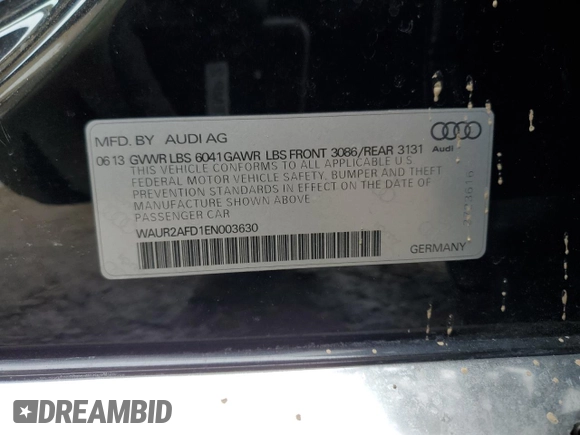2014 Audi A8 4.0T with VIN WAUR2AFD1EN003630, listed as a Copart auction lot 46366935 with 101,747 mi miles and Salvage Title. Bid and sale history available at DreamBid. Image 12.