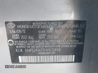 2017 Hyundai Sonata SE with VIN 5NPE24AF5HH572898, listed as a IAAI auction lot 42039023 with 50,494 mi miles and . Bid and sale history available at DreamBid. Image 9.