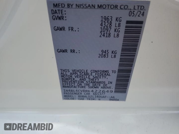 2024 Nissan Altima SR z VIN 1N4BL4CV8RN422649, wystawiony jako Copart lot #56206745 z przebiegiem 309 mil mil oraz Szkoda całkowita • Salvage title. Historia ofert i sprzedaży dostępna na DreamBid. Obrazek 12.