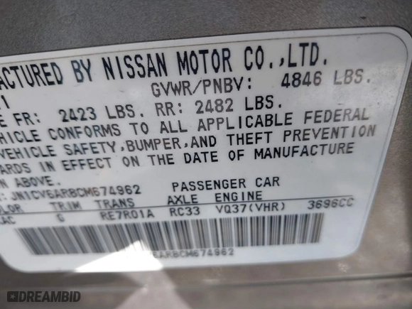 2012 Infiniti G37 Sedan x with VIN JN1CV6AR8CM674962, listed as a IAAI auction lot 41577137 with 1 mi miles. Bid and sale history available at carsss.com. Image 9.