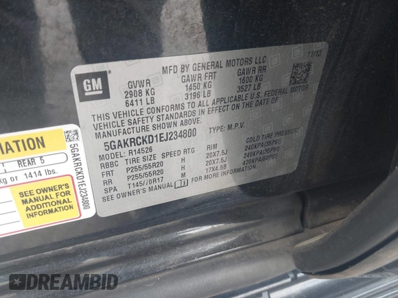 2014 Buick Enclave Premium with VIN 5GAKRCKD1EJ234800, listed as a IAAI auction lot 41843100 with 115,367 mi miles and . Bid and sale history available at DreamBid. Image 9.
