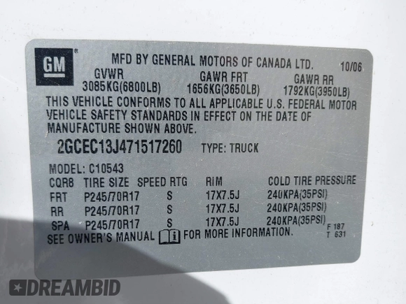 2007 Chevrolet Silverado 1500 1LT with VIN 2GCEC13J471517260, listed as a IAAI auction lot 39369498 with 183,703 mi miles and . Bid and sale history available at DreamBid. Image 9.
