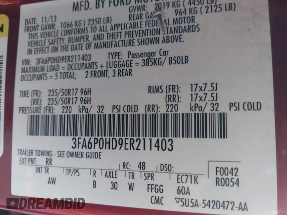 2014 Ford Fusion SE with VIN 3FA6P0HD9ER211403, listed as a IAAI auction lot 41216537 with 120,519 mi miles. Bid and sale history available at carsss.com. Image 9.