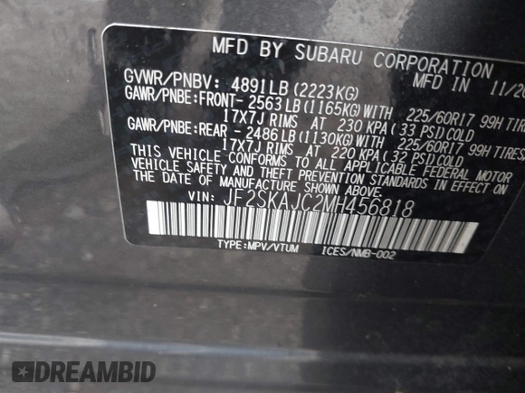 2021 Subaru Forester Premium with VIN JF2SKAJC2MH456818, listed as a IAAI auction lot 42533483 with 28,964 mi miles and . Bid and sale history available at DreamBid. Image 9.