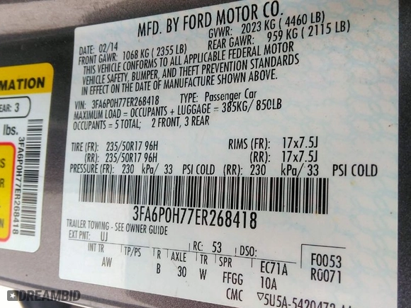 2014 Ford Fusion SE with VIN 3FA6P0H77ER268418, listed as a IAAI auction lot 41952529 with 196,559 mi miles. Bid and sale history available at carsss.com. Image 9.