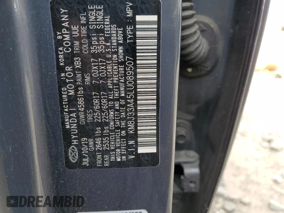 2020 Hyundai Tucson Value с VIN KM8J33A45LU089507, выставлен на аукционе Copart как лот 54572865 с пробегом 58 501 миль миль и Списание • Salvage title. История ставок и продаж доступна на DreamBid. Изображение 13.