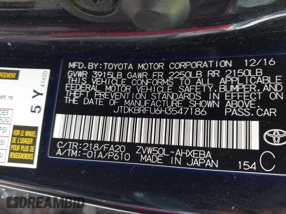 2017 Toyota Prius Two with VIN JTDKBRFU6H3547186, listed as a IAAI auction lot 42187586 with 214,219 mi miles and . Bid and sale history available at carsss.com. Image 9.