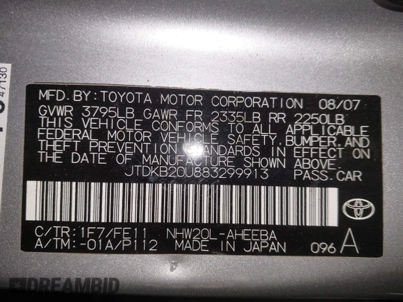 2008 Toyota Prius with VIN JTDKB20U883299913, listed as a IAAI auction lot 41143444 with 124,074 mi miles. Bid and sale history available at carsss.com. Image 9.