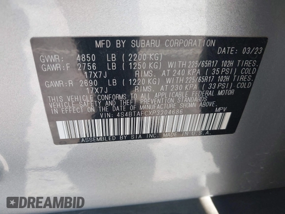 2023 Subaru Outback Premium with VIN 4S4BTAFCXP3204686, listed as a IAAI auction lot 42203909 with 30,905 mi miles and . Bid and sale history available at DreamBid. Image 9.
