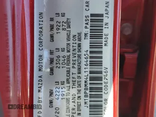 2020 Mazda 3 Preferred with VIN JM1BPBMM4L1164654, listed as a Copart auction lot 76779914 with Not provided miles and Salvage title. Bid and sale history available at DreamBid. Image 12.