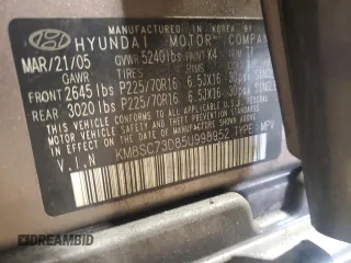 2005 Hyundai Santa Fe GLS with VIN KM8SC73D85U998952, listed as a Copart auction lot 51576335 with 0 mi miles and Salvage Title. Bid and sale history available at carsss.com. Image 15.