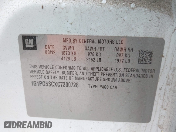 2012 Chevrolet Cruze 2LT with VIN 1G1PG5SCXC7300728, listed as a IAAI auction lot 42109318 with 144,659 mi miles and . Bid and sale history available at DreamBid. Image 9.
