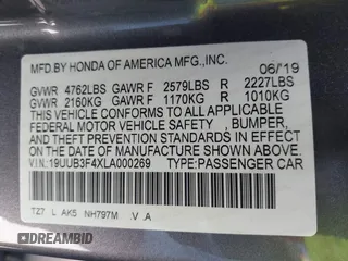 2020 Acura TLX w/Technology Pkg with VIN 19UUB3F4XLA000269, listed as a IAAI auction lot 42151103 with 60,533 mi miles. Bid and sale history available at carsss.com. Image 9.