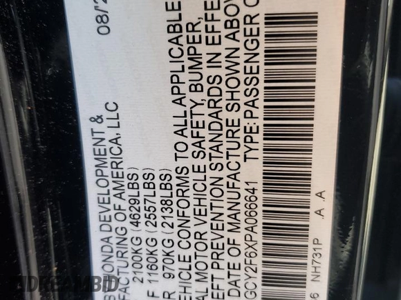 2023 Honda Accord EX-L with VIN 1HGCY2F6XPA066641, listed as a Copart auction lot 53861405 with 7,390 mi miles and Salvage title. Bid and sale history available at DreamBid. Image 12.