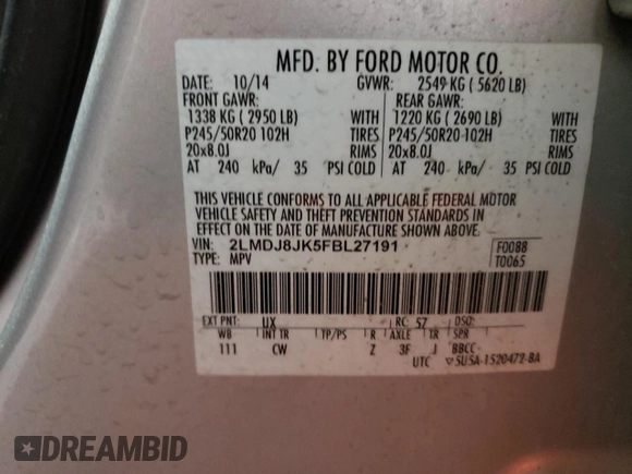 2015 Lincoln MKX with VIN 2LMDJ8JK5FBL27191, listed as a Copart auction lot 48789905 with 116,097 mi miles and Salvage Title. Bid and sale history available at DreamBid. Image 15.