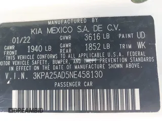 2022 Kia Rio S with VIN 3KPA25AD5NE458130, listed as a IAAI auction lot 41530395 with 33,154 mi miles and . Bid and sale history available at DreamBid. Image 9.