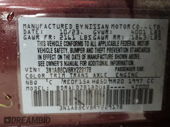 2024 Nissan Sentra SV z VIN 3N1AB8CV8RY229178, wystawiony jako Copart lot #58623595 z przebiegiem 26 139 mil mil oraz Szkoda całkowita • Salvage title. Historia ofert i sprzedaży dostępna na DreamBid. Obrazek 12.