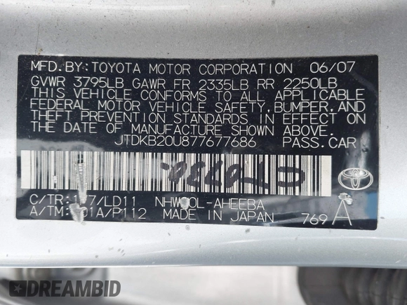 2007 Toyota Prius with VIN JTDKB20U877677686, listed as a IAAI auction lot 42234436 with 240,763 mi miles and . Bid and sale history available at DreamBid. Image 9.