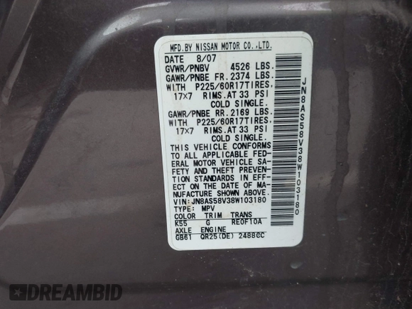 2008 Nissan Rogue SL with VIN JN8AS58V38W103180, listed as a IAAI auction lot 41650132 with 174,836 mi miles and . Bid and sale history available at DreamBid. Image 9.