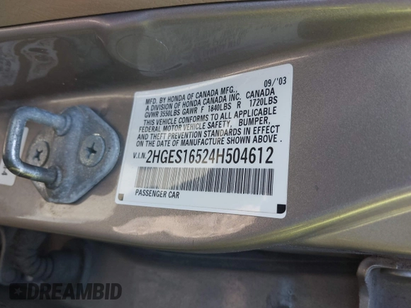 2004 Honda Civic LX with VIN 2HGES16524H504612, listed as a IAAI auction lot 42098301 with 140,551 mi miles and . Bid and sale history available at DreamBid. Image 9.