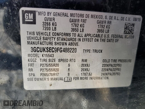 2015 Chevrolet Silverado 1500 LTZ with VIN 3GCUKSEC9FG488220, listed as a Copart auction lot 73384274 with 272,112 mi miles and Salvage Title. Bid and sale history available at carsss.com. Image 13.