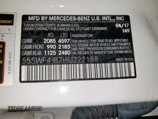 2017 Mercedes-Benz C 300 с VIN 55SWF4JB7HU222188, выставлен на аукционе Copart как лот 60906445 с пробегом 81 437 миль миль и Списание • Salvage title. История ставок и продаж доступна на DreamBid. Изображение 12.