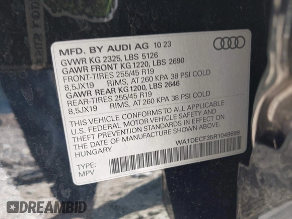 2024 Audi Q3 S line Premium with VIN WA1DECF35R1049699, listed as a IAAI auction lot 41177879 with 15,852 mi miles. Bid and sale history available at carsss.com. Image 9.