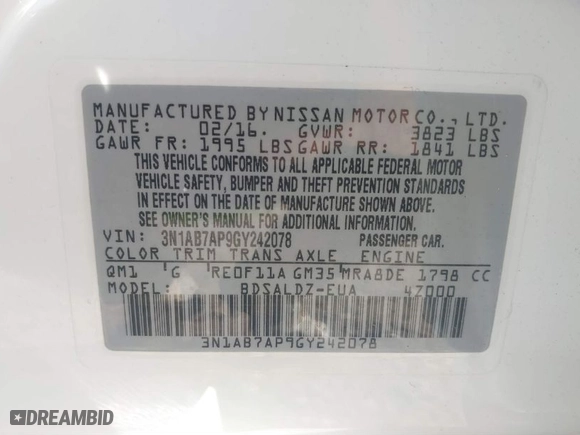 2016 Nissan Sentra SR with VIN 3N1AB7AP9GY242078, listed as a IAAI auction lot 40627767 with 87,948 mi miles. Bid and sale history available at carsss.com. Image 9.