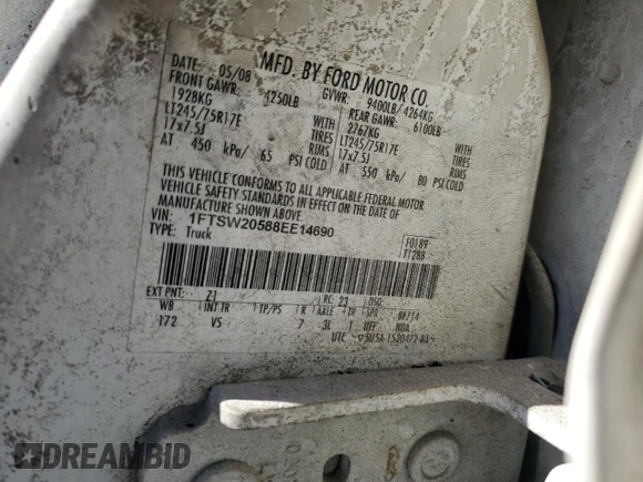 2008 Ford F-250 XL with VIN 1FTSW20588EE14690, listed as a Copart auction lot 41655395 with Not provided miles and Salvage title. Bid and sale history available at DreamBid. Image 12.