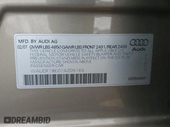 2007 Audi A4 2.0T with VIN WAUDF78E07A205165, listed as a Copart auction lot 53310825 with 162,259 mi miles and Salvage title. Bid and sale history available at DreamBid. Image 14.