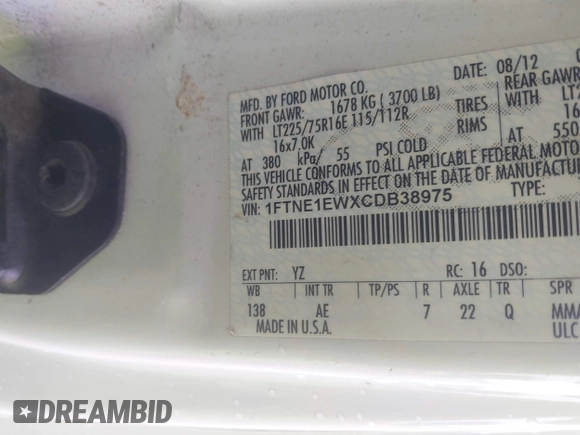 2012 Ford Econoline Cargo Commercial with VIN 1FTNE1EWXCDB38975, listed as a IAAI auction lot 41747167 with 331,484 mi miles and . Bid and sale history available at carsss.com. Image 9.