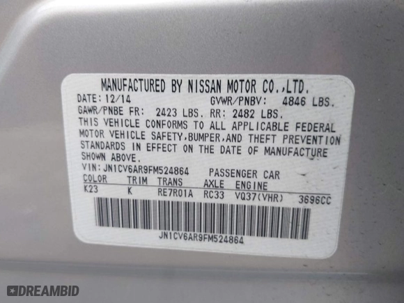 2015 Infiniti Q40 with VIN JN1CV6AR9FM524864, listed as a IAAI auction lot 41882279 with 118,122 mi miles. Bid and sale history available at carsss.com. Image 9.
