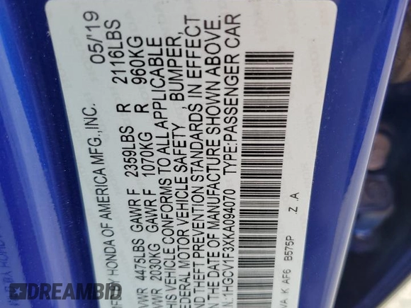 2019 Honda Accord Sport z VIN 1HGCV1F3XKA094070, wystawiony jako Copart lot #65361395 z przebiegiem 116 323 mil mil oraz Szkoda całkowita • Salvage title. Historia ofert i sprzedaży dostępna na DreamBid. Obrazek 12.