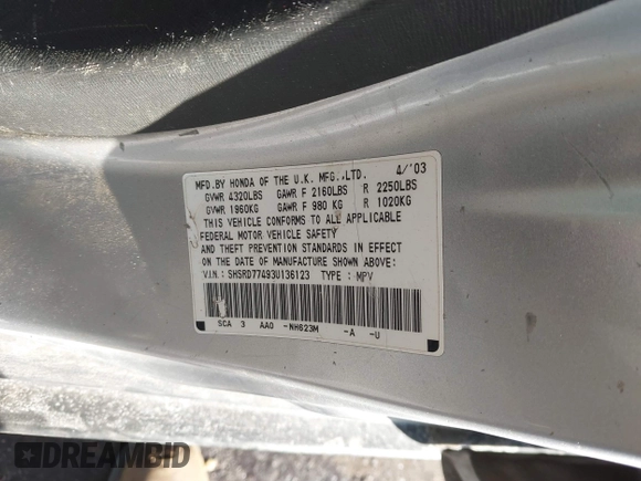 2003 Honda CR-V LX with VIN SHSRD77493U136123, listed as a IAAI auction lot 41408082 with Not Provided miles and . Bid and sale history available at carsss.com. Image 9.