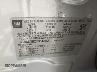 2013 Chevrolet Captiva Sport LTZ with VIN 3GNAL4EK5DS542942, listed as a IAAI auction lot 41991896 with 127,354 mi miles and . Bid and sale history available at DreamBid. Image 9.