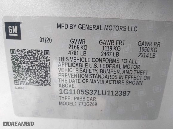 2020 Chevrolet Impala Premier with VIN 1G1105S37LU112387, listed as a IAAI auction lot 41931484 with 103,487 mi miles. Bid and sale history available at carsss.com. Image 9.