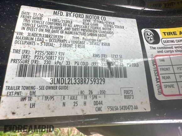 2011 Lincoln MKZ Hybrid with VIN 3LNDL2L33BR759329, listed as a Copart auction lot 48201335 with 131,927 mi miles and Clean Title. Bid and sale history available at carsss.com. Image 10.