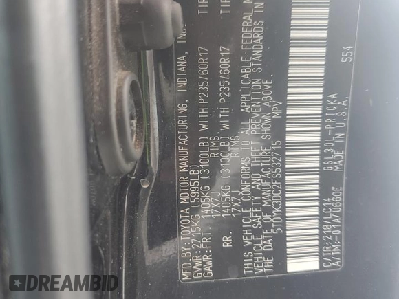 2015 Toyota Sienna XLE with VIN 5TDYK3DC2FS532715, listed as a Copart auction lot 62298295 with 151,583 mi miles and Salvage title. Bid and sale history available at DreamBid. Image 13.