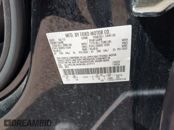 2013 Lincoln MKX with VIN 2LMDJ6JK9DBL37711, listed as a IAAI auction lot 42193737 with 188,360 mi miles. Bid and sale history available at carsss.com. Image 9.