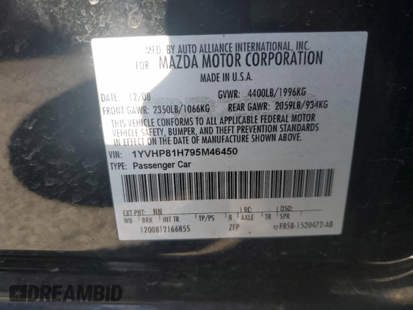 2009 Mazda 6 i Sport with VIN 1YVHP81H795M46450, listed as a Copart auction lot 50025695 with 176,004 mi miles and Salvage Title. Bid and sale history available at carsss.com. Image 14.
