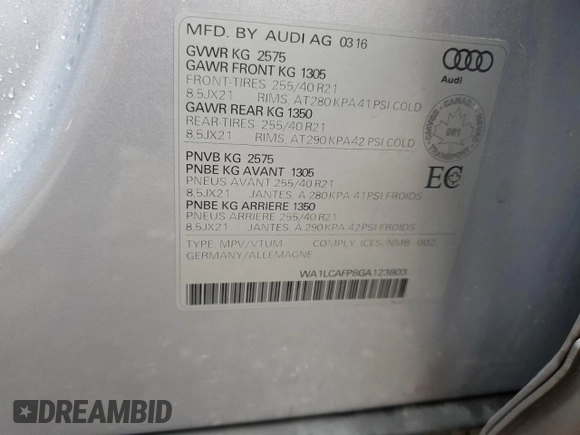 2016 Audi SQ5 3.0T Technik with VIN WA1LCAFP8GA123803, listed as a Copart auction lot 72753254 with 159,030 mi miles and Clean Title. Bid and sale history available at carsss.com. Image 13.